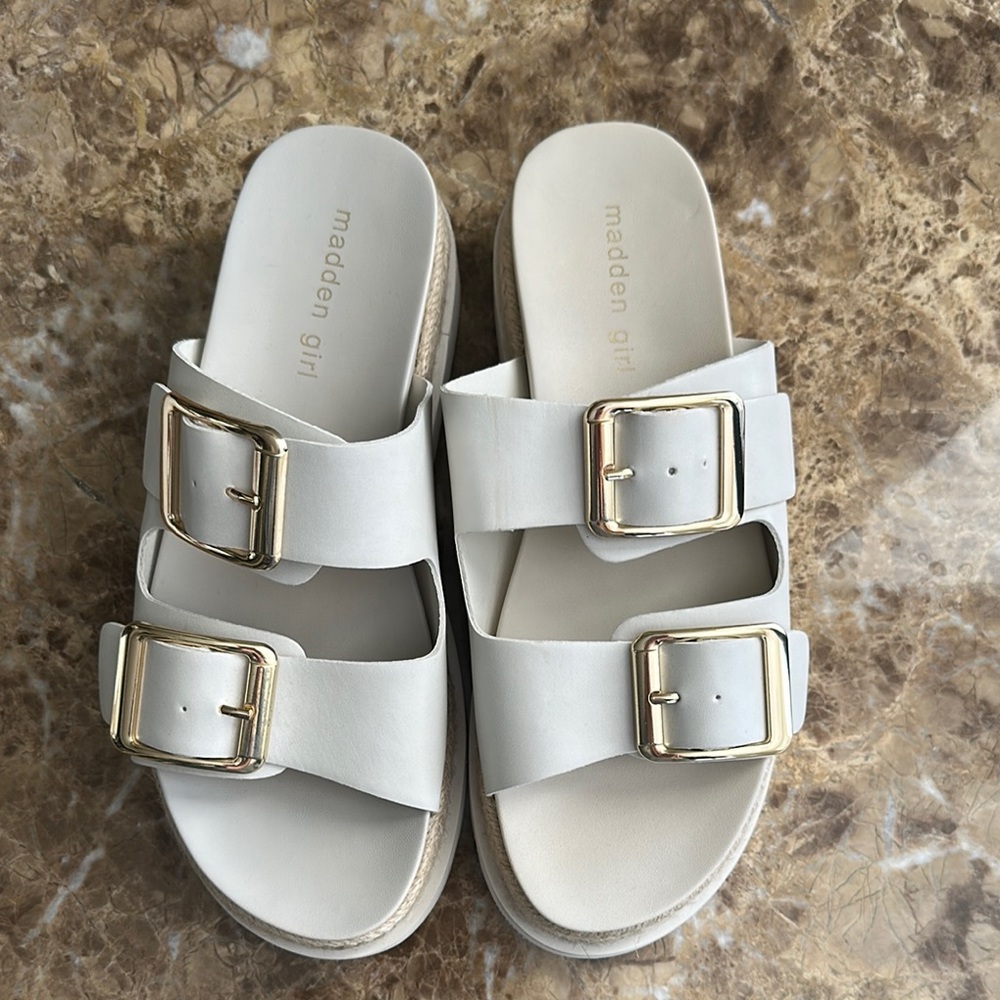 Madden Girl White Sandals with Gold Buckles